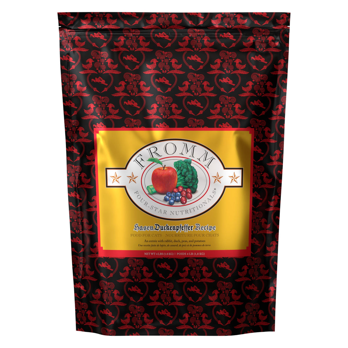 Fromm Four-Star Hasen Duckenpfeffer front bag shows trusted nutrition for all life stages