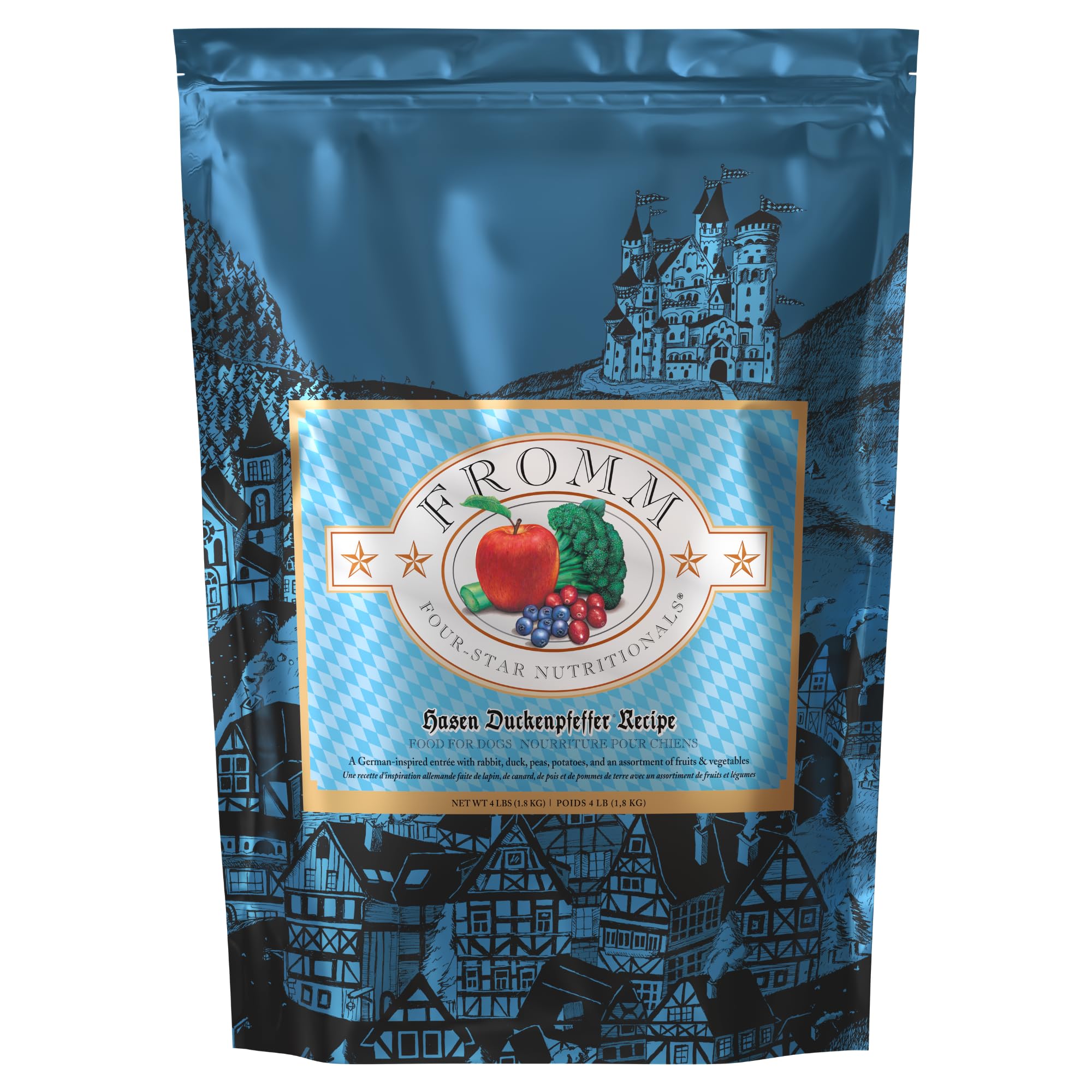Fromm Four-Star Hasen Duckenpfeffer dry dog food bag showing all-life-stages nutrition