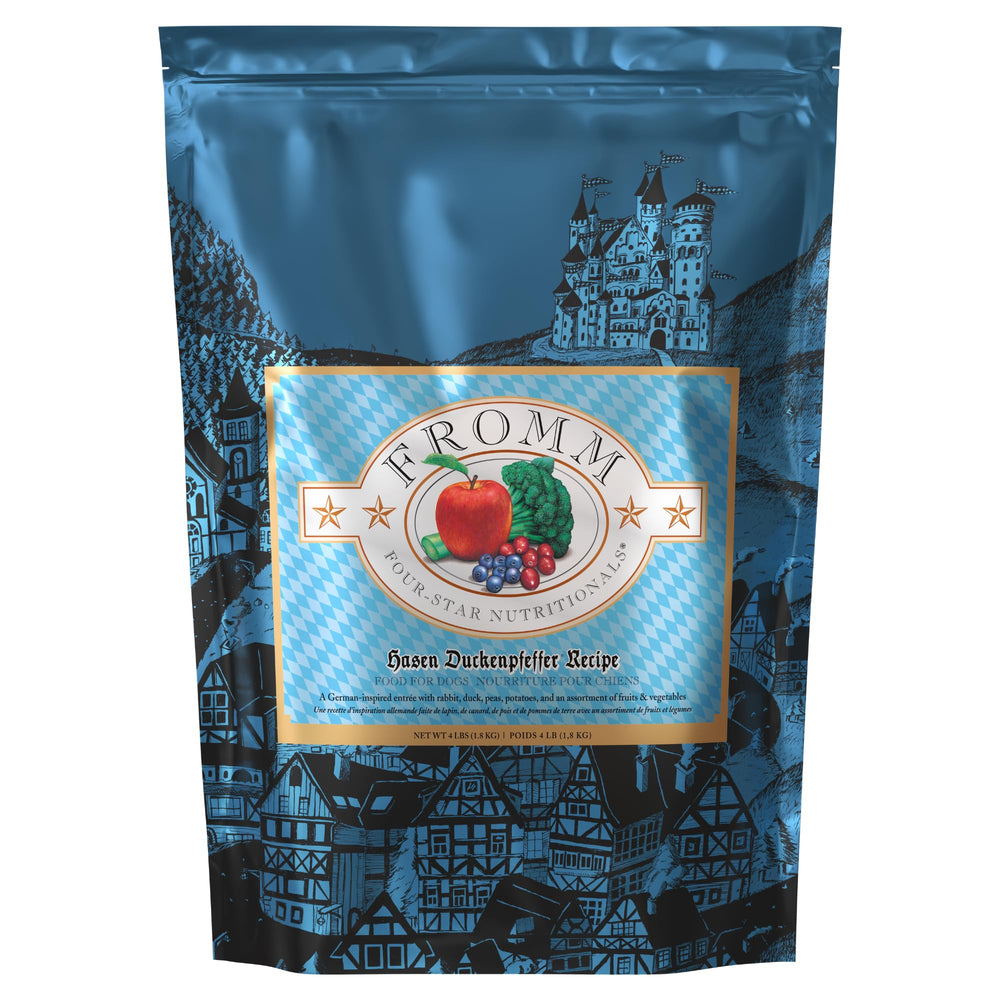 Fromm Four-Star Hasen Duckenpfeffer dry dog food bag showing all-life-stages nutrition