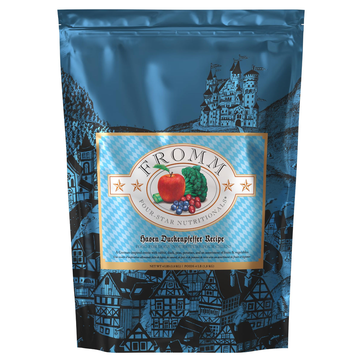 Fromm Four-Star Hasen Duckenpfeffer dry dog food bag showing all-life-stages nutrition