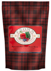 Fromm Four-Star Highlander Beef kibble bag shows high-quality protein for all life stages.