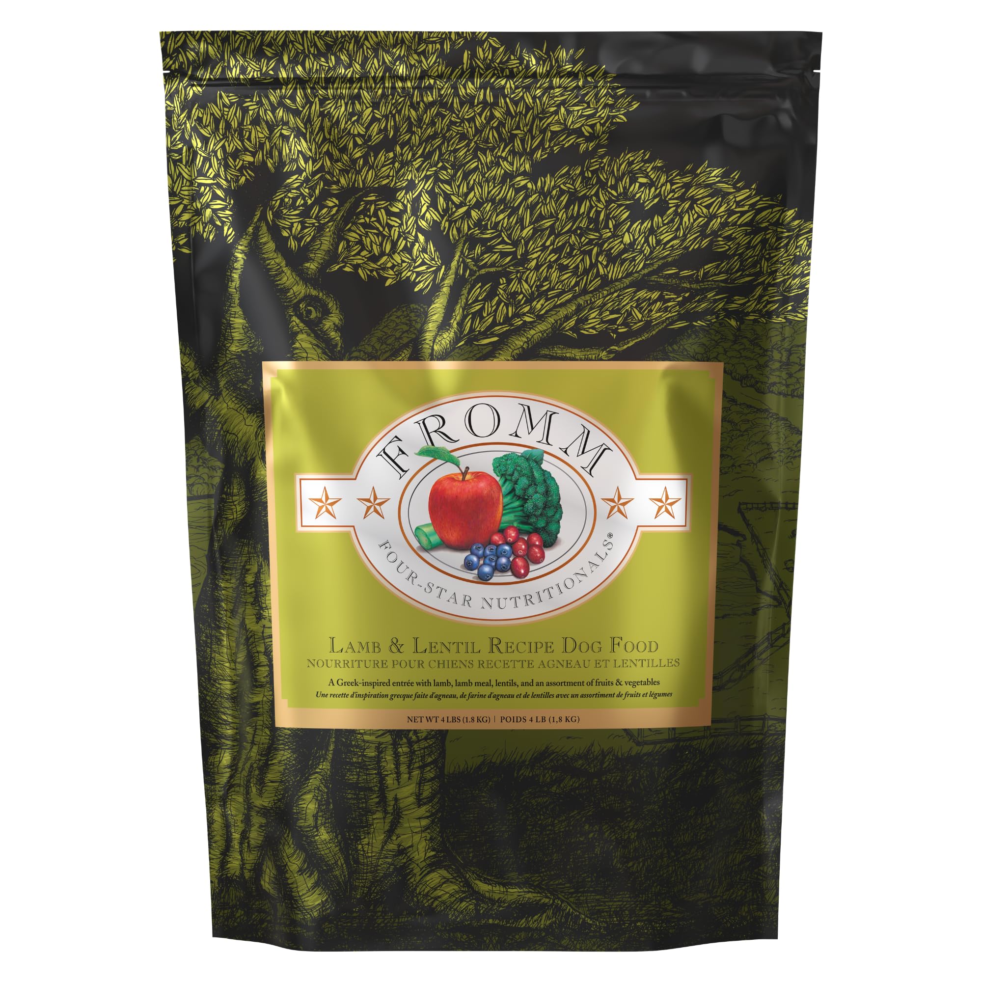 Fromm Four-Star Lamb & Lentil dog food bag showing wholesome ingredients for balanced nutrition.