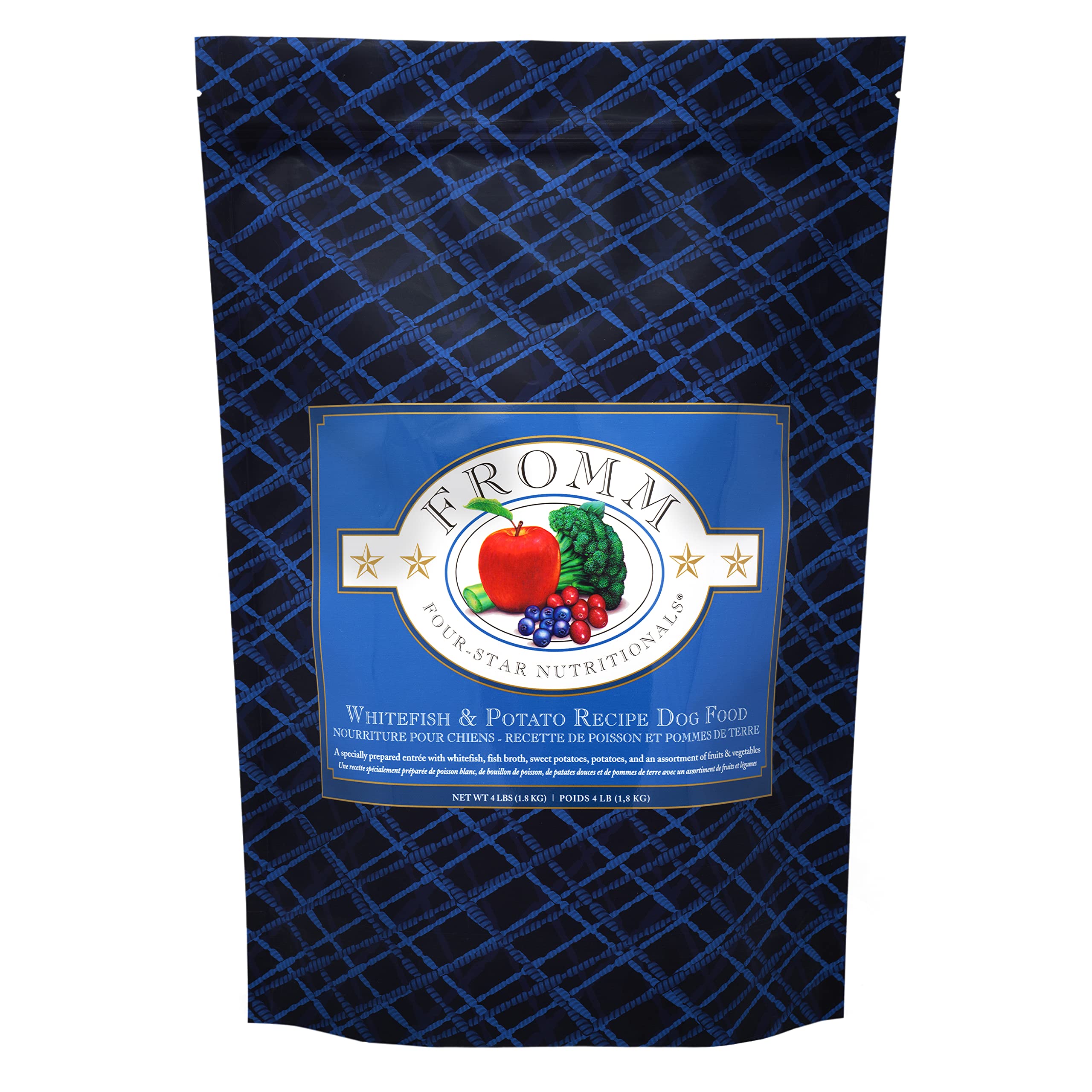 Fromm Four-Star Whitefish-Potato dry dog food bag highlights premium nutrition for all life stages.