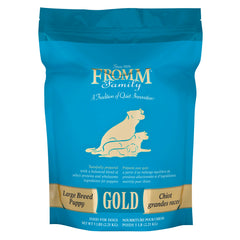 Fromm Large Breed Puppy Gold chicken-recipe-bag shows premium ingredients for growth.