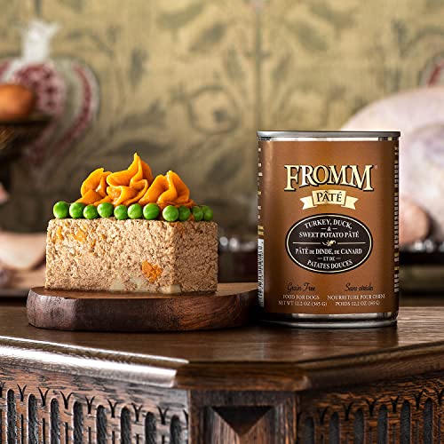 Fromm pate turkey-duck-sweet-potato label closeup highlights turkey and duck protein