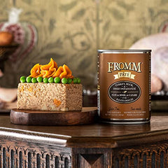 Fromm pate turkey-duck-sweet-potato label closeup highlights turkey and duck protein