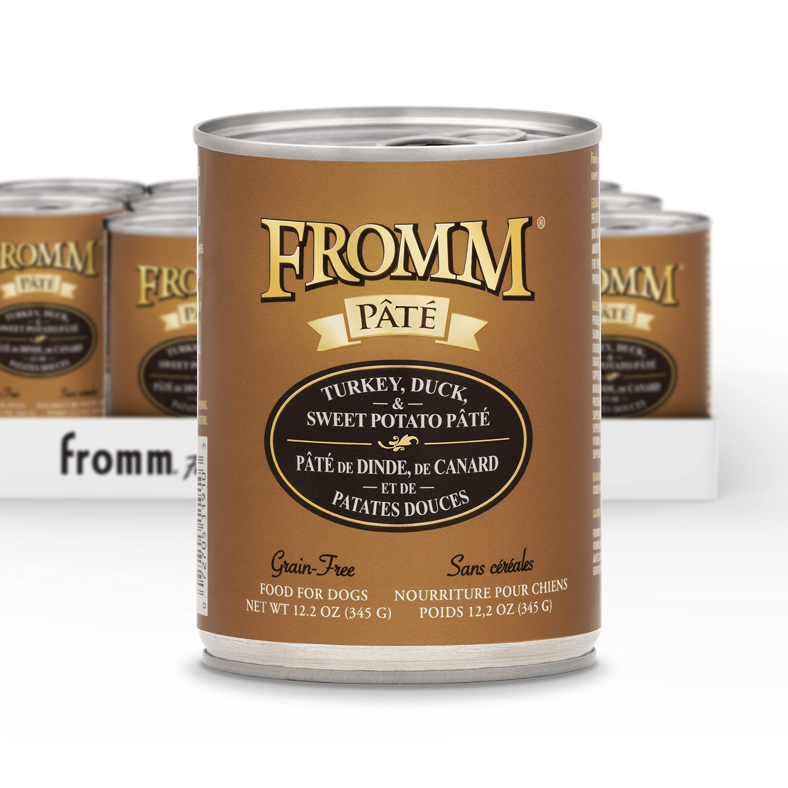 Fromm pate turkey-duck-sweet-potato cans front shows premium protein for dogs