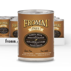 Fromm pate turkey-duck-sweet-potato cans front shows premium protein for dogs
