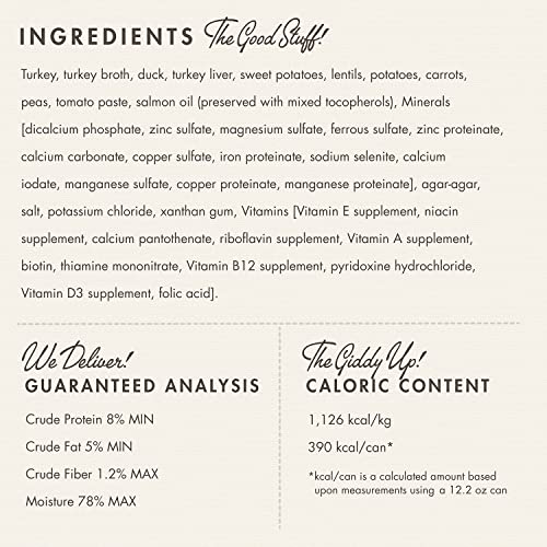 Fromm pate turkey-duck-sweet-potato ingredients closeup lists sweet potatoes and lentils for balance