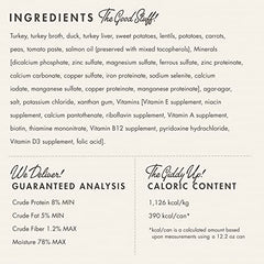 Fromm pate turkey-duck-sweet-potato ingredients closeup lists sweet potatoes and lentils for balance
