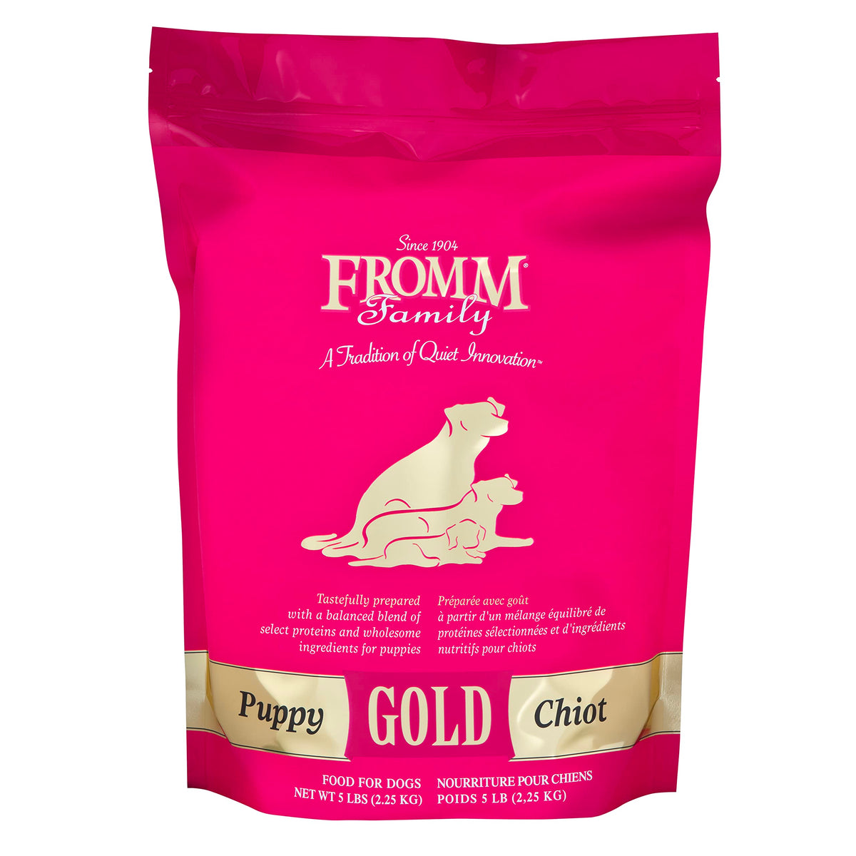Fromm Puppy Gold chicken-kibble close-up highlighting protein-rich bites for growing puppies.