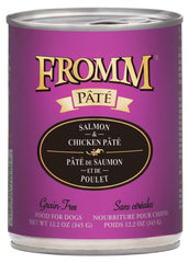 Fromm Salmon & Chicken Pate dog food can label emphasizes premium ingredients for dogs.