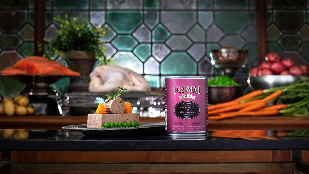 Fromm Salmon & Chicken Pate ingredients visual with vegetables.