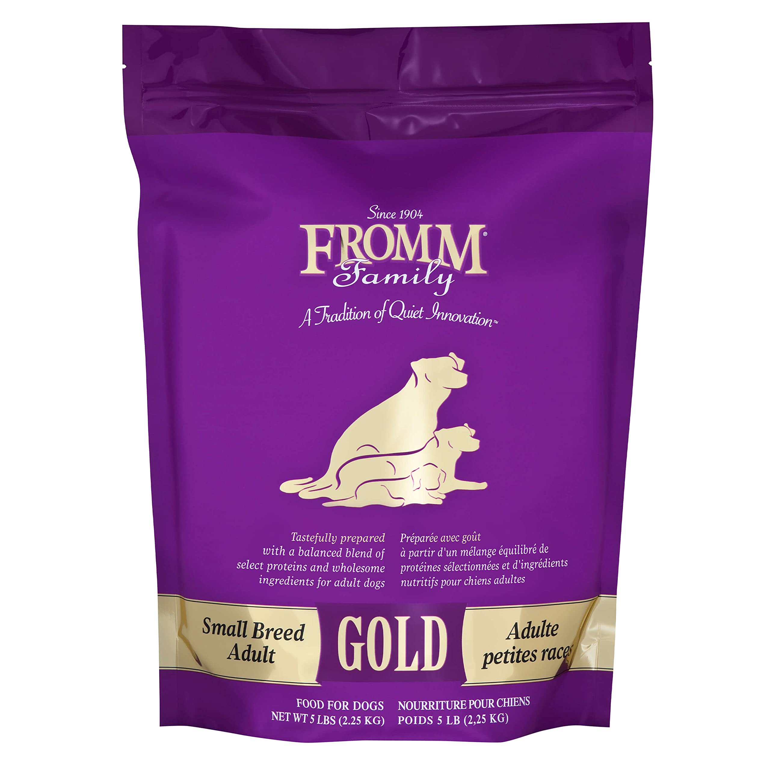 Fromm Small Breed Adult Gold chicken kibble closeup highlighting high-quality protein.