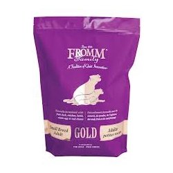 Fromm Small Breed Adult Gold kibble in a bowl emphasizes easy feeding.