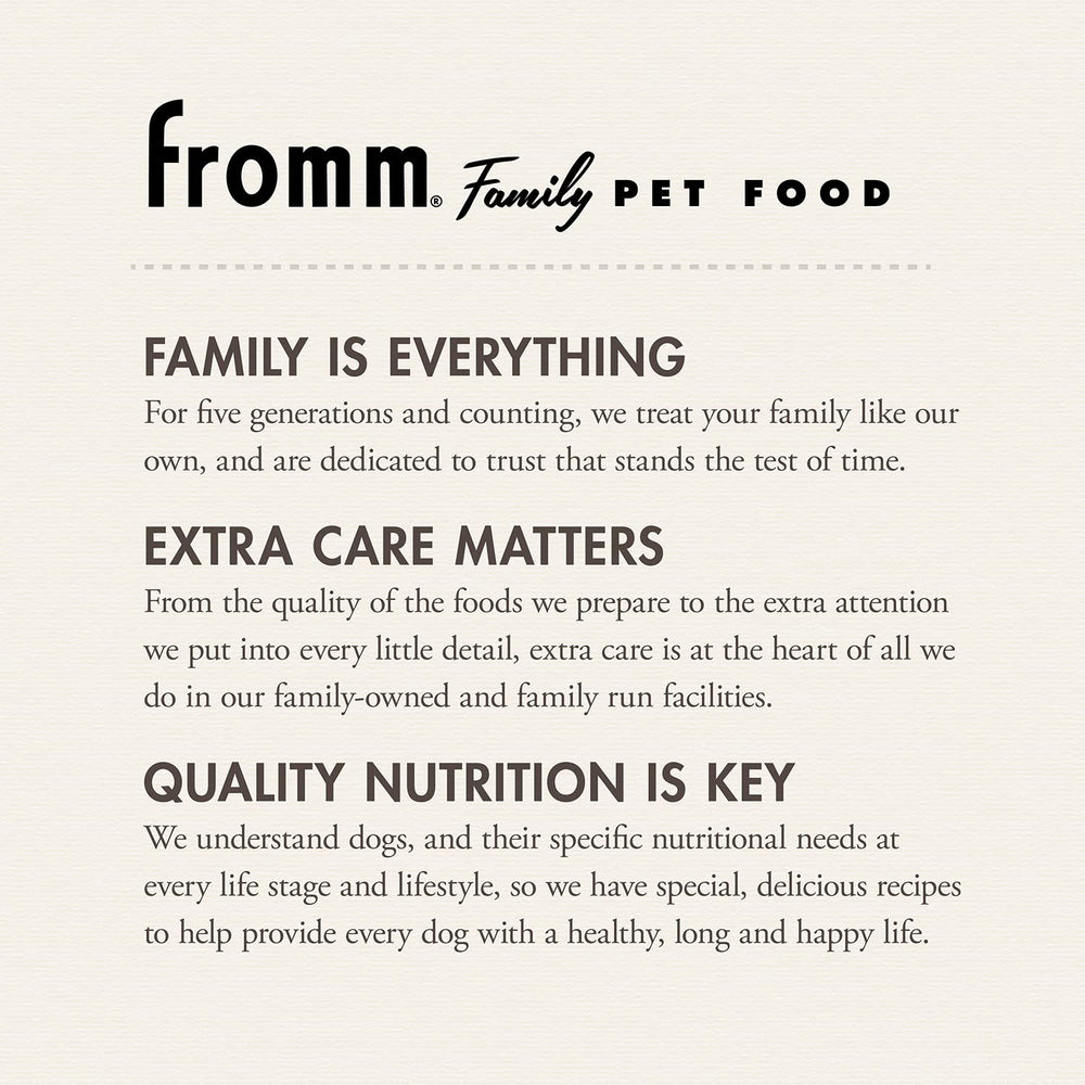 Fromm Small Breed Adult Gold whole grains background highlight energy and fiber.