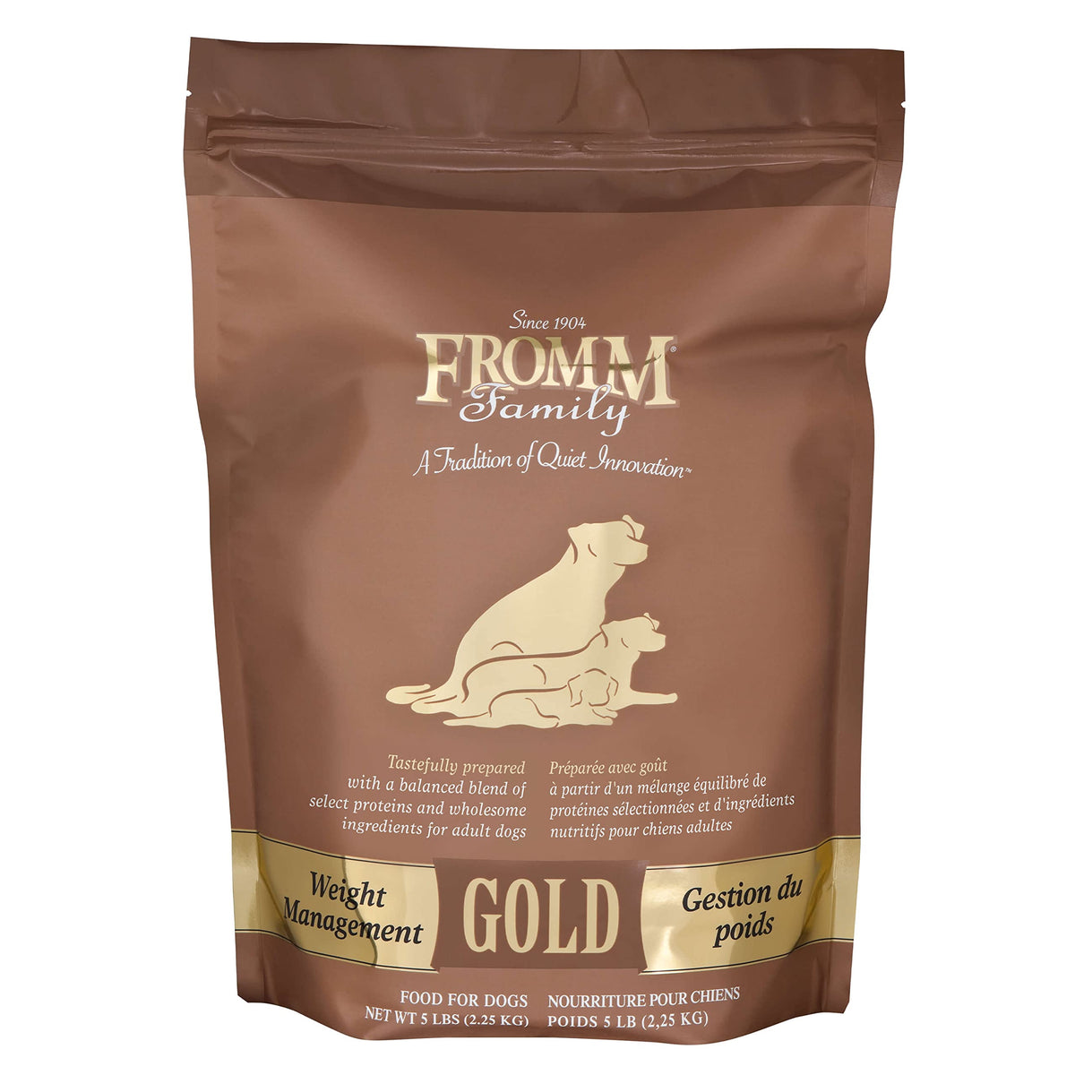 Fromm Weight Management Gold dry dog food bowl showing balanced nutrition and portion control