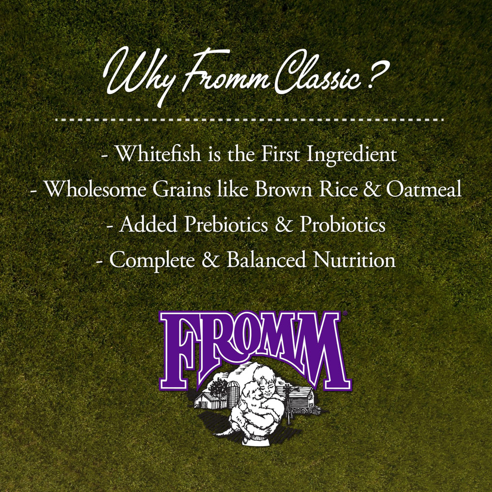 Fromm Whole-Grain Goodness ingredients view highlights energy-supporting grains and fiber.