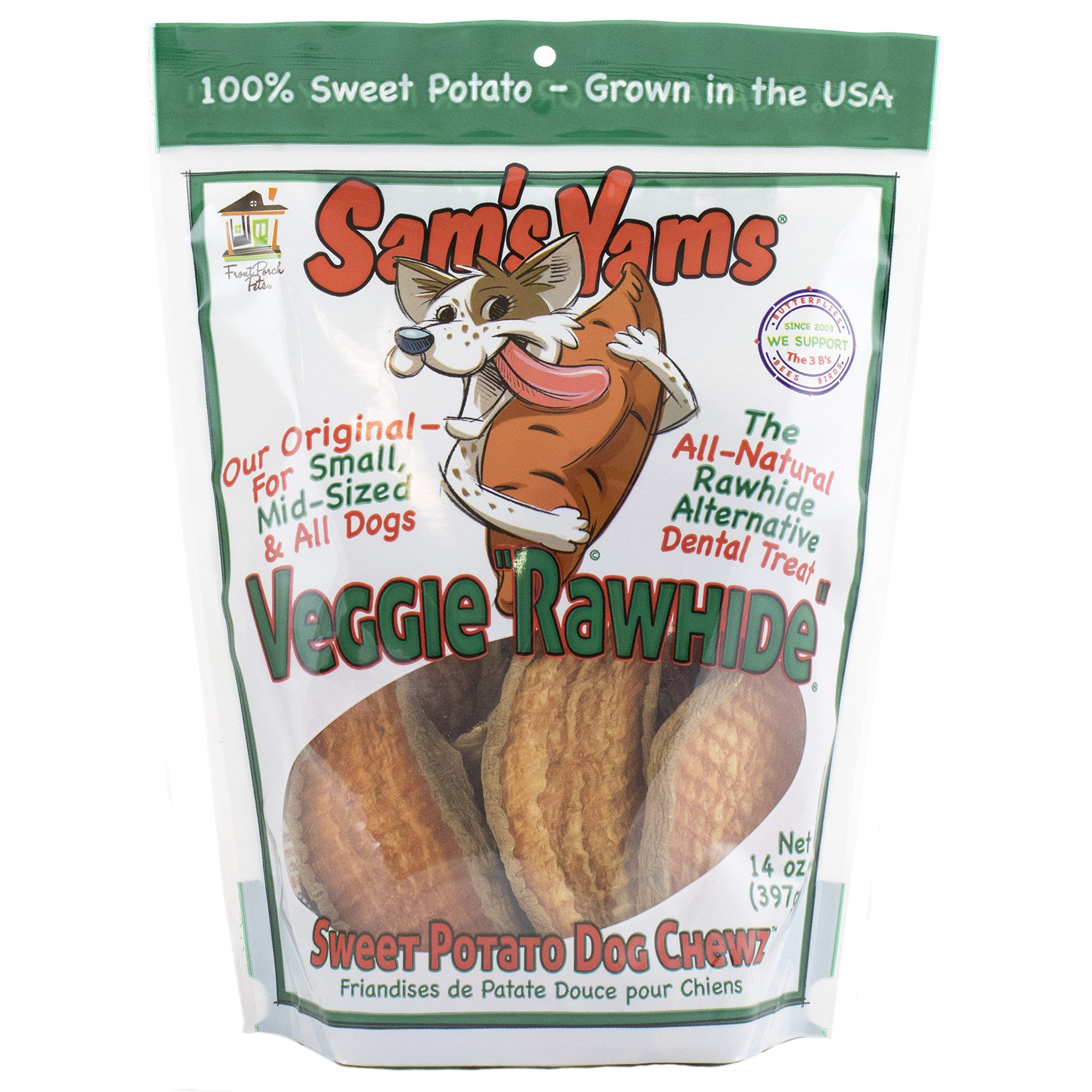 Front Porch Pets Sam's Yams bag close-up highlighting natural sweet potato chews for healthy digestion.