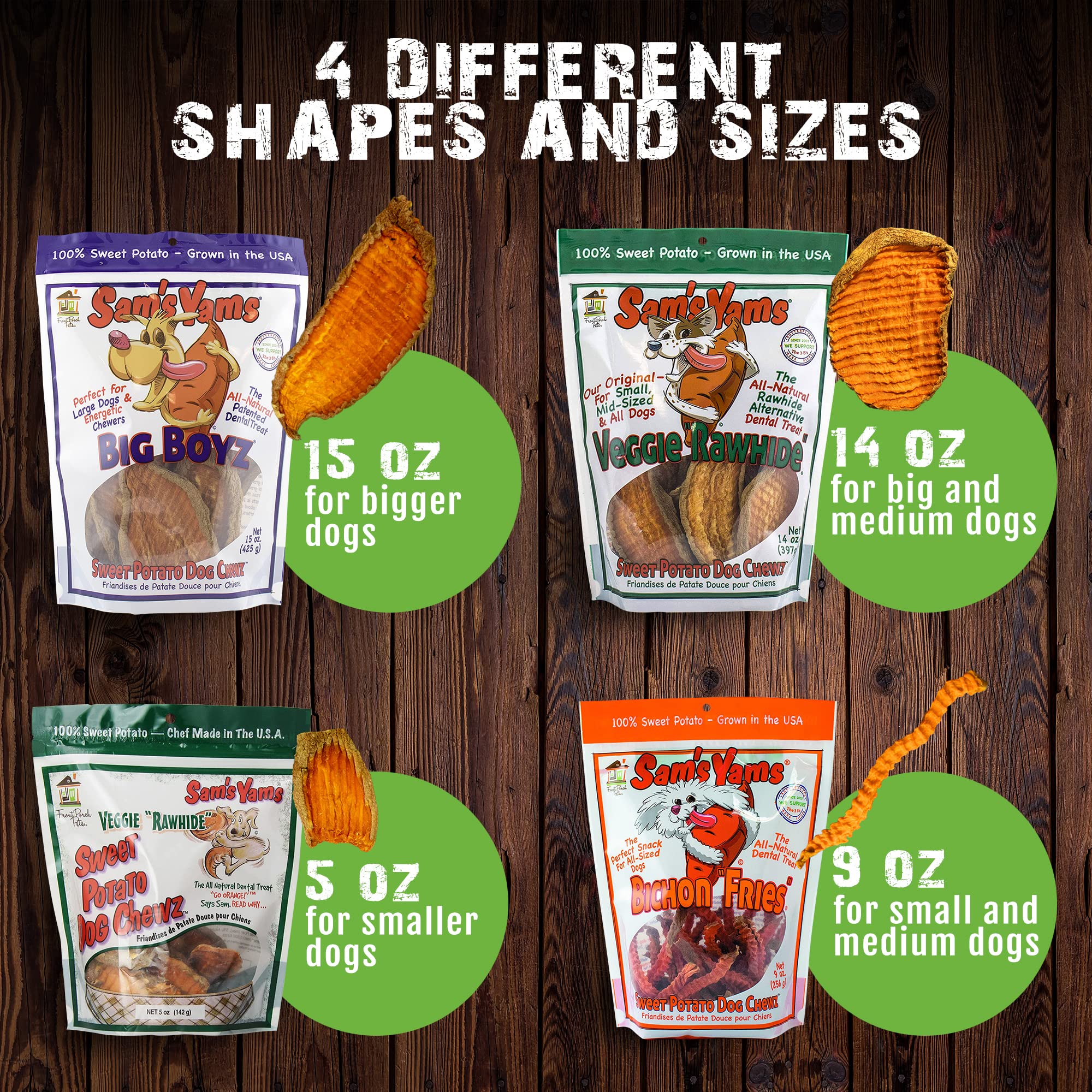 Front Porch Pets Sams Yams natural ingredients image emphasizes sweet potatoes.