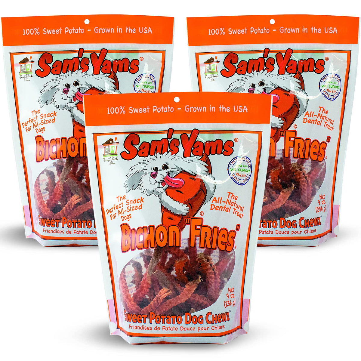 Front Porch Pets Sams Yams pack shot, ideal for convenient training rewards.