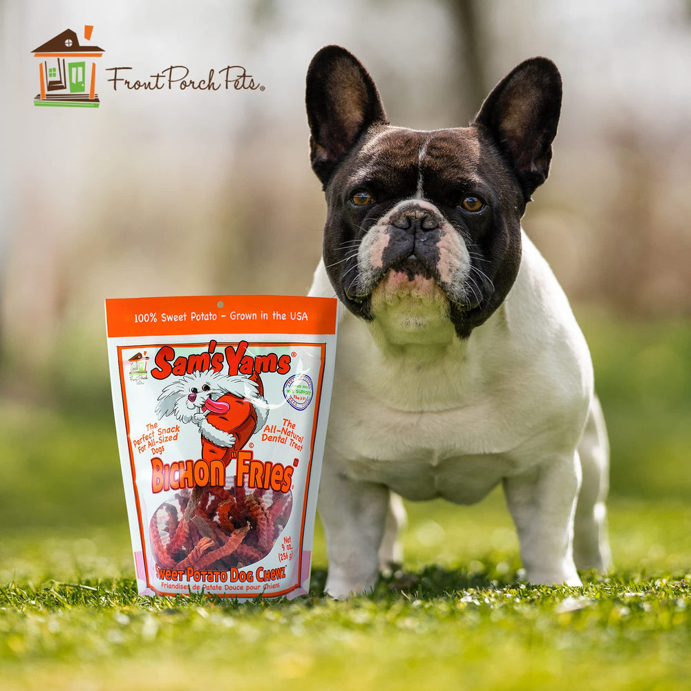Front Porch Pets Sams Yams resealable bag keeps treats fresh.
