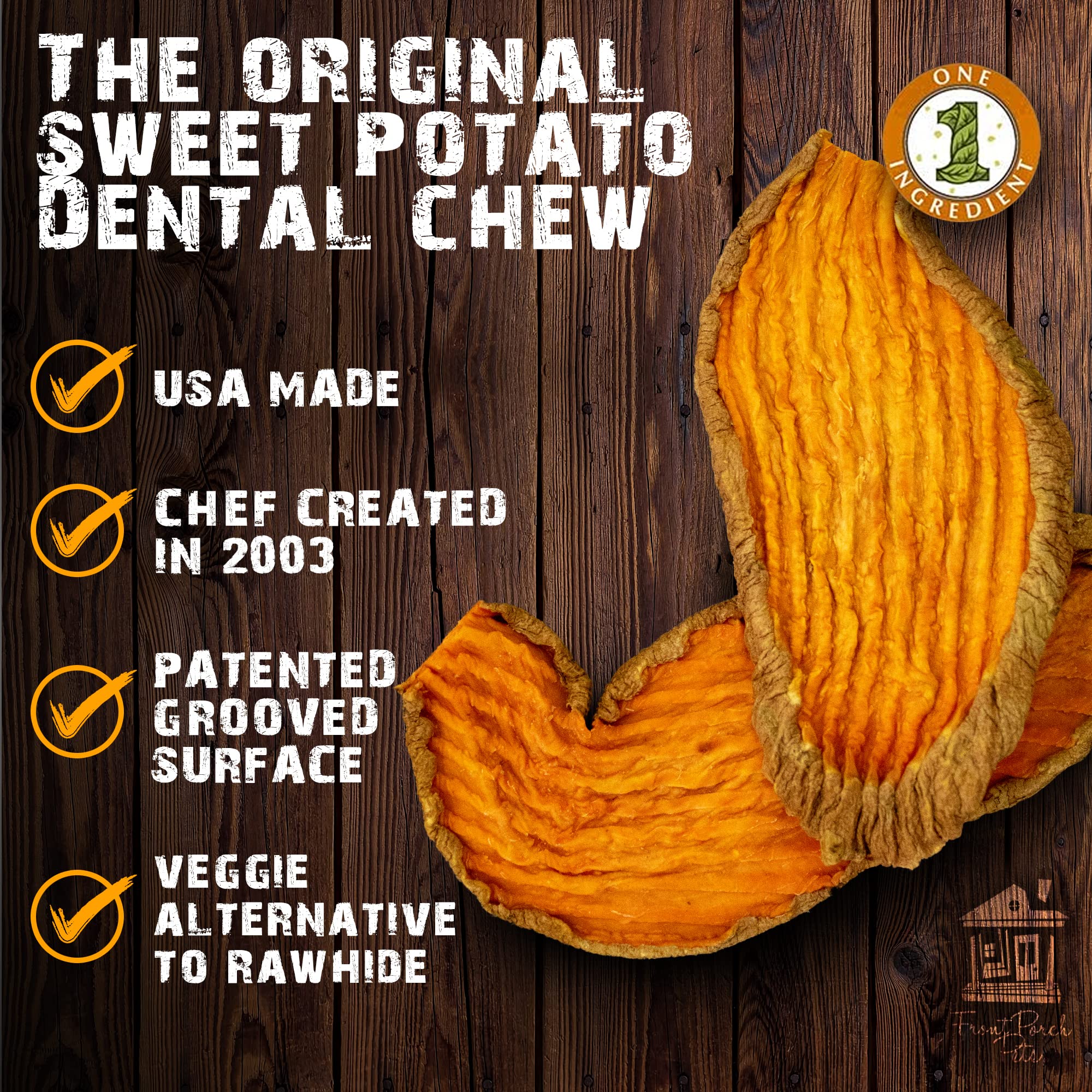 Front Porch Pets Sam's Yams serving shot emphasizes grain-free, vegan dental chews.