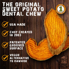 Front Porch Pets Sam's Yams serving shot emphasizes grain-free, vegan dental chews.