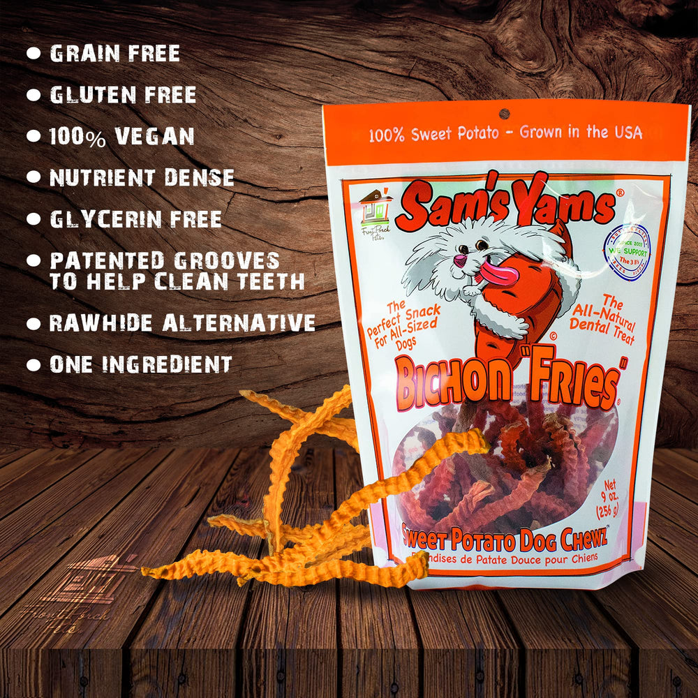 Front Porch Pets Sams Yams treat closeup highlighting natural sweet potatoes.