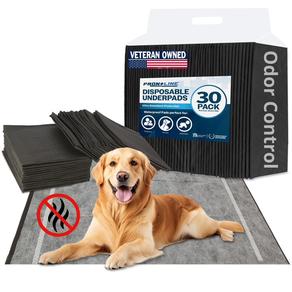 FRONTLINE charcoal-infused pee pad XL packaging showing odor-control performance