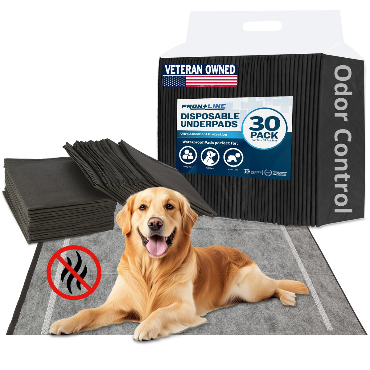 FRONTLINE charcoal-infused pee pad XL packaging showing odor-control performance
