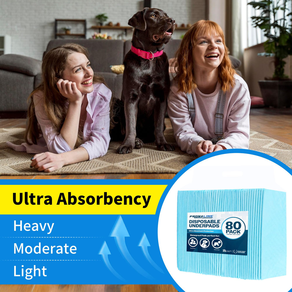 FRONTLINE Puppy Pads 22x22 80-pack in crate setup with leakproof backing protecting floors