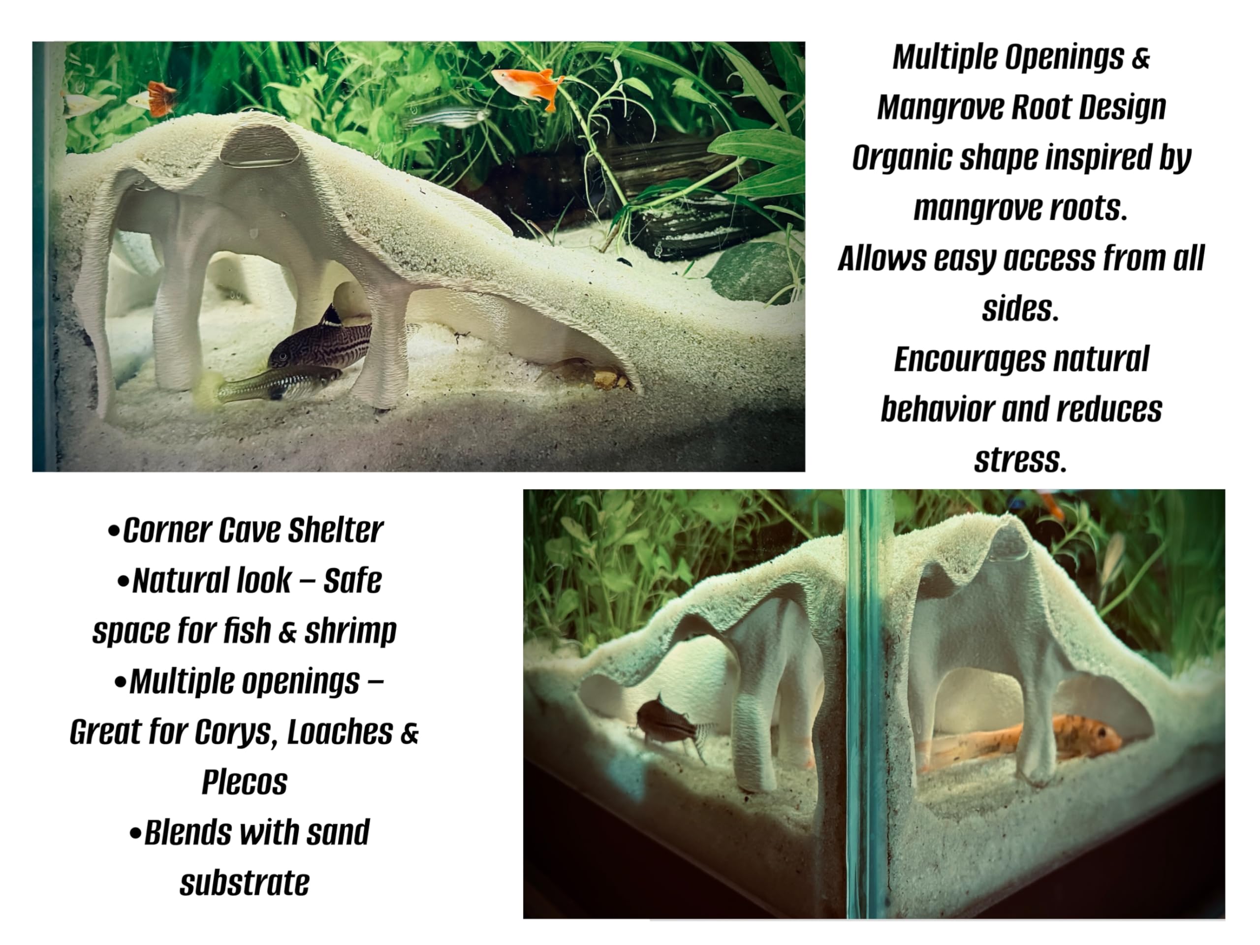 FROSTO aquarium corner cave in-tank setup demonstrates discreet shelter for fish and shrimp.