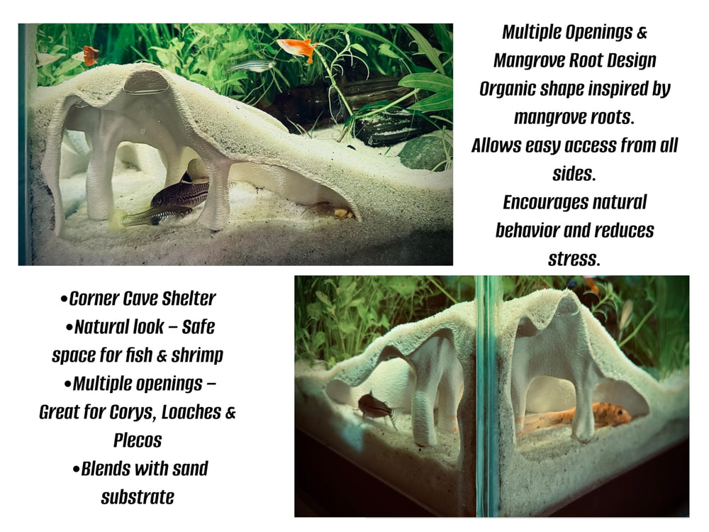 FROSTO aquarium corner cave in-tank setup demonstrates discreet shelter for fish and shrimp.