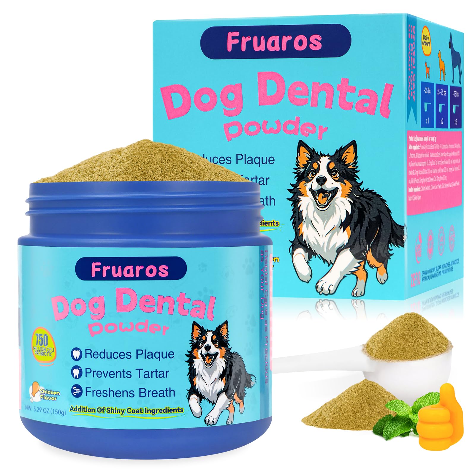Fruaros dog dental powder bottle demonstrates easy, mess-free daily dosing for dental care.