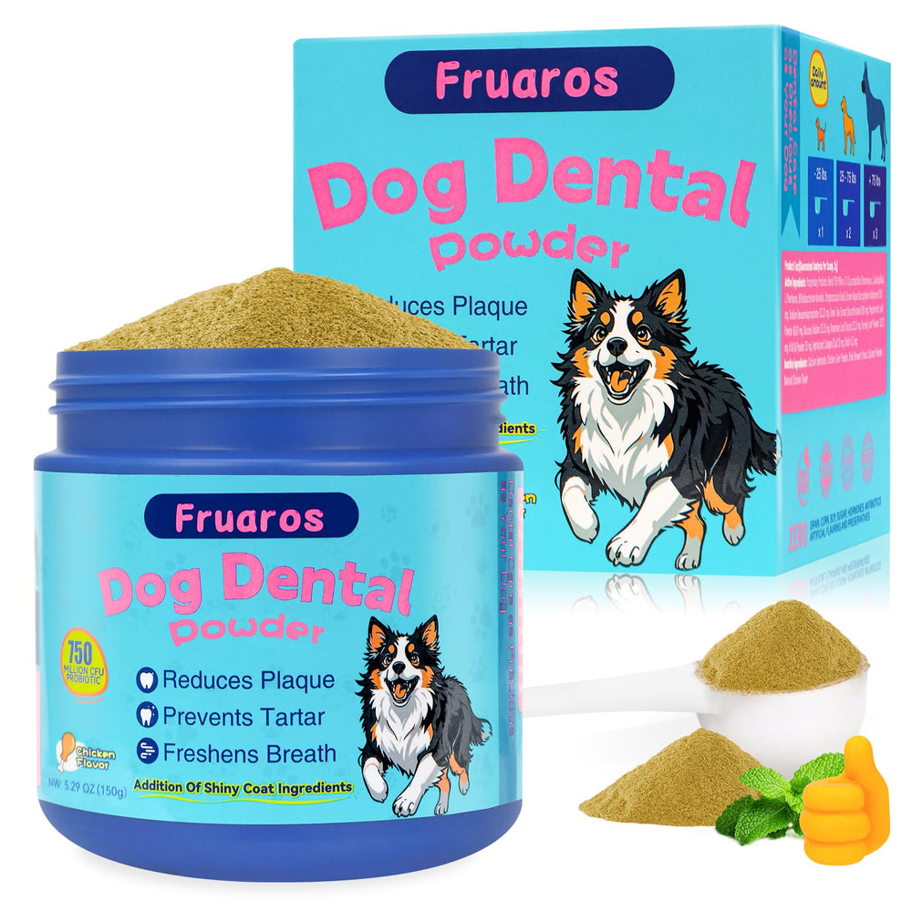 Fruaros dog dental powder bottle demonstrates easy, mess-free daily dosing for dental care.