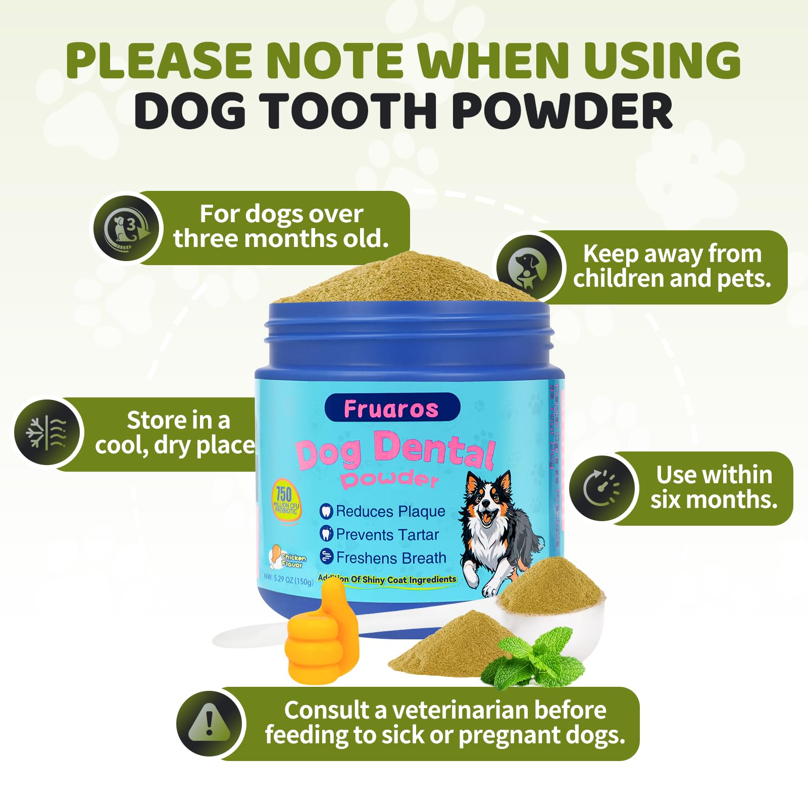 Fruaros probiotic dog supplement image suggests holistic benefits for oral and coat health.