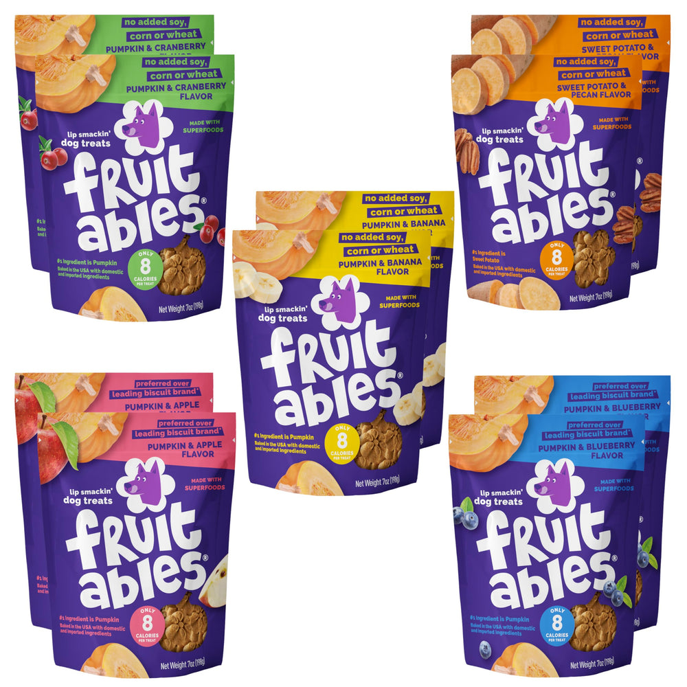 Fruitables Baked Pumpkin Dog Treats packaging showing ten 7-ounce pouches for training rewards