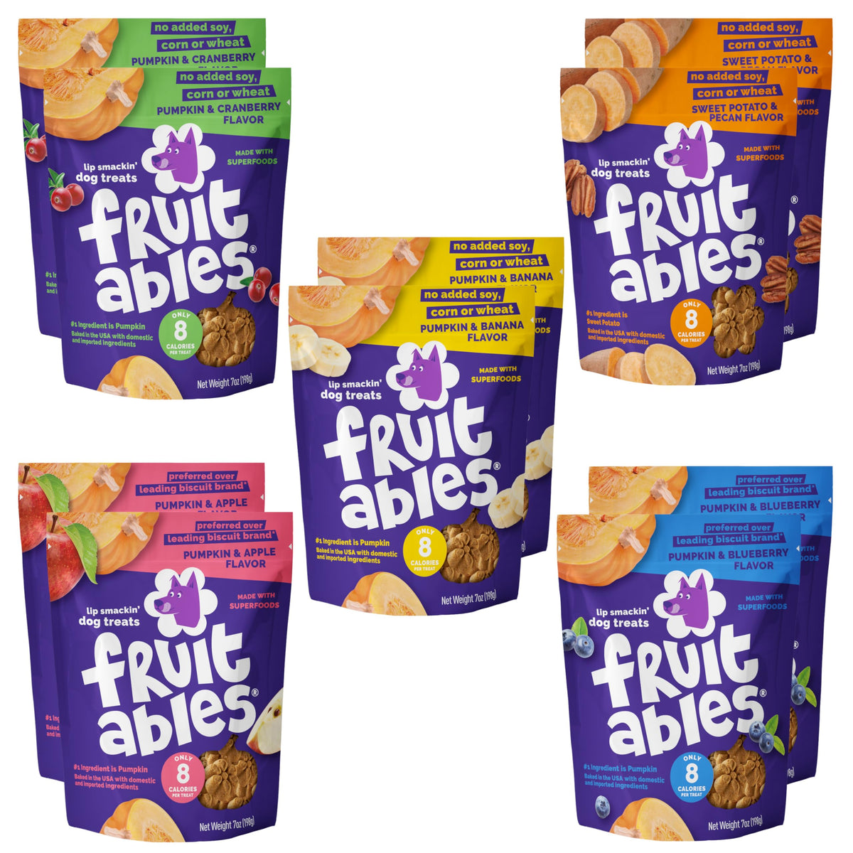 Fruitables Baked Pumpkin Dog Treats packaging showing ten 7-ounce pouches for training rewards