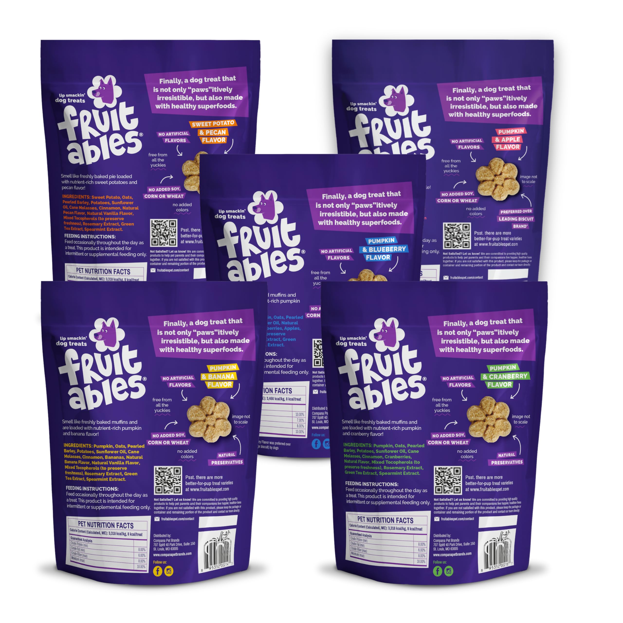 Fruitables Baked Pumpkin Dog Treats pouches display variety flavors for snack time