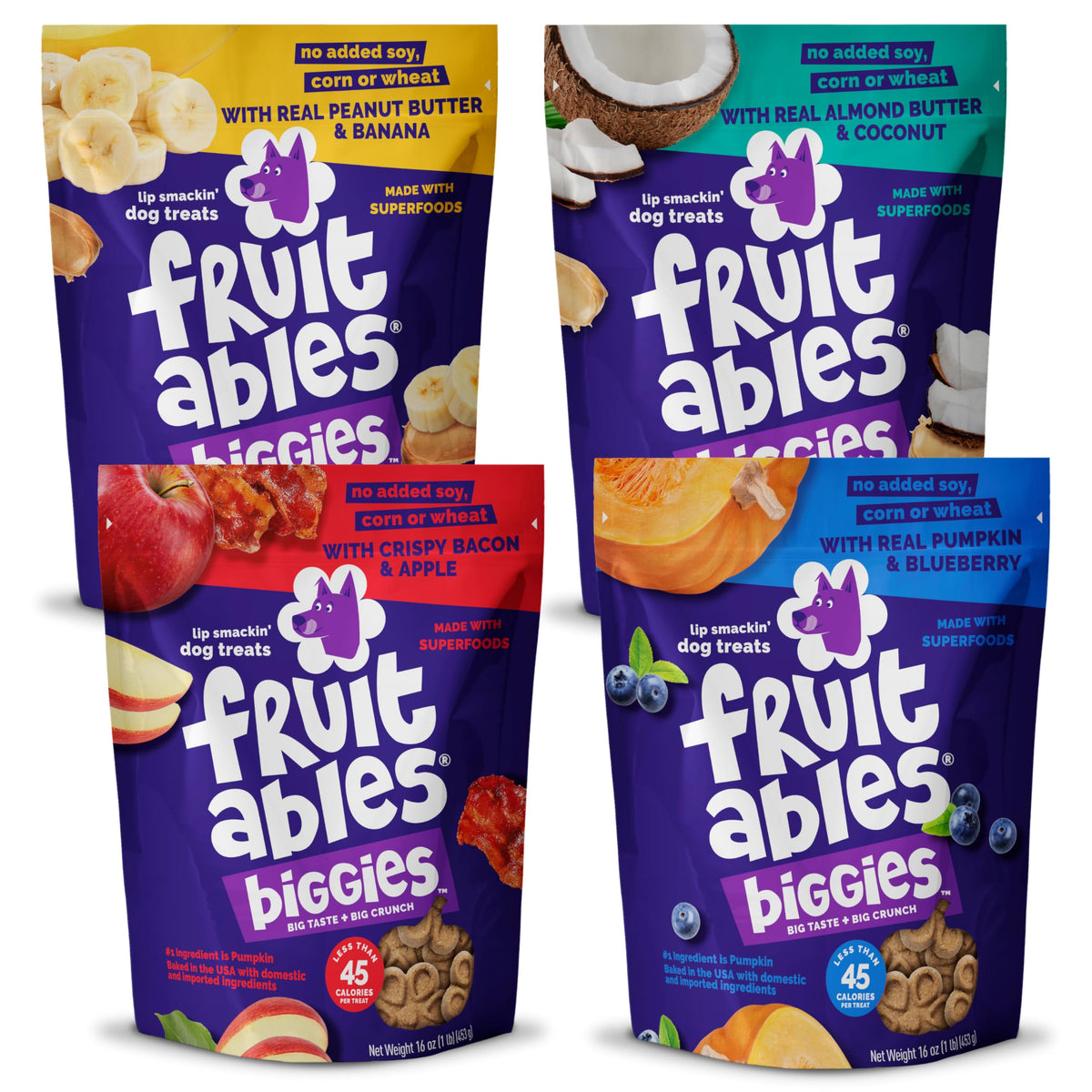 Fruitables Biggies bag front view highlights big taste and crunchy texture for dogs