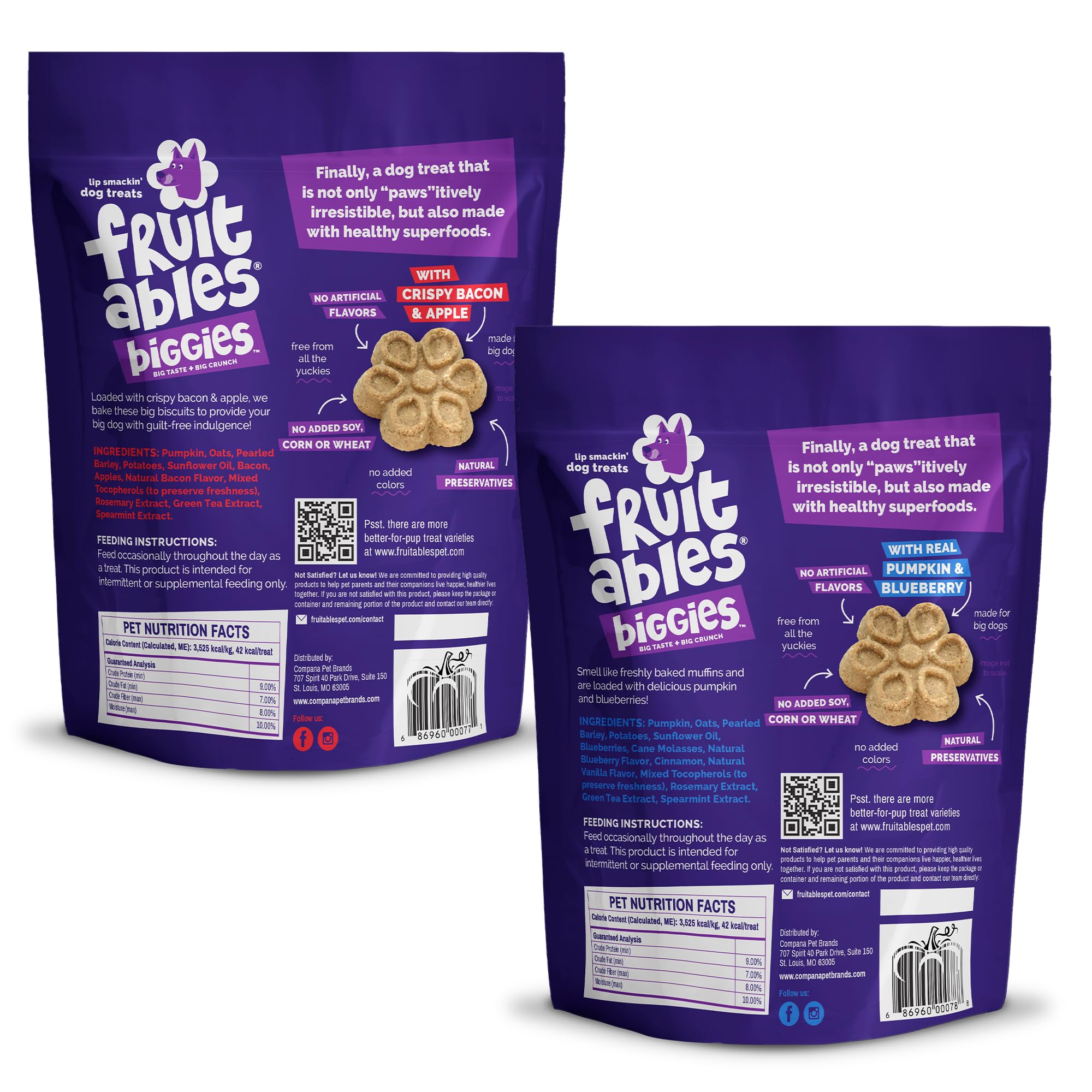 Fruitables Biggies Crispy Bacon & Apple bag, savory flavors for training rewards.