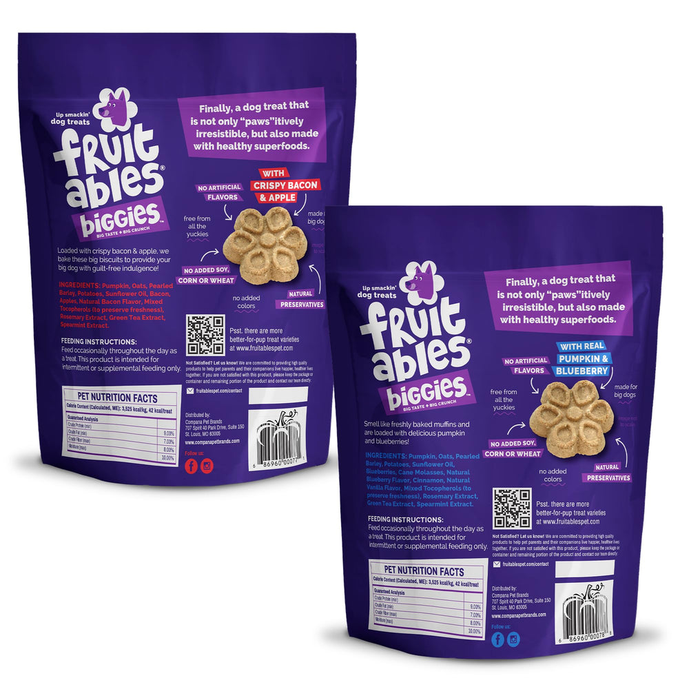 Fruitables Biggies Crispy Bacon & Apple bag, savory flavors for training rewards.