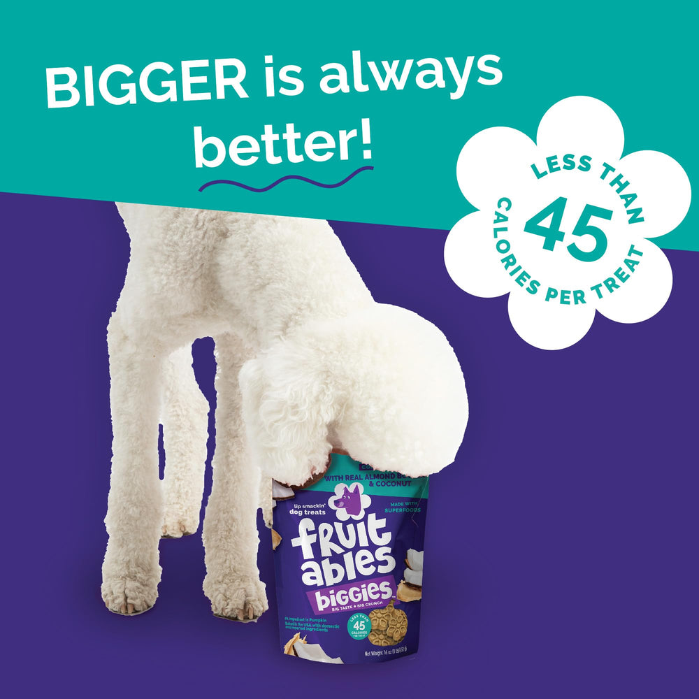 Fruitables Biggies dog reward hand-shot shows paws ready for treats