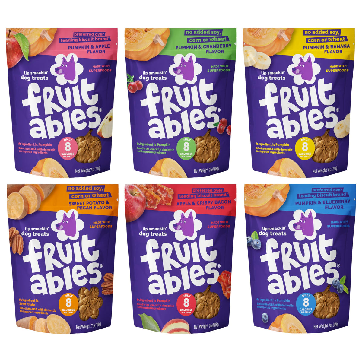 Fruitables Pumpkin Dog Treats 7oz variety pack front showcases six flavor-ready pouches for dogs, great training rewards