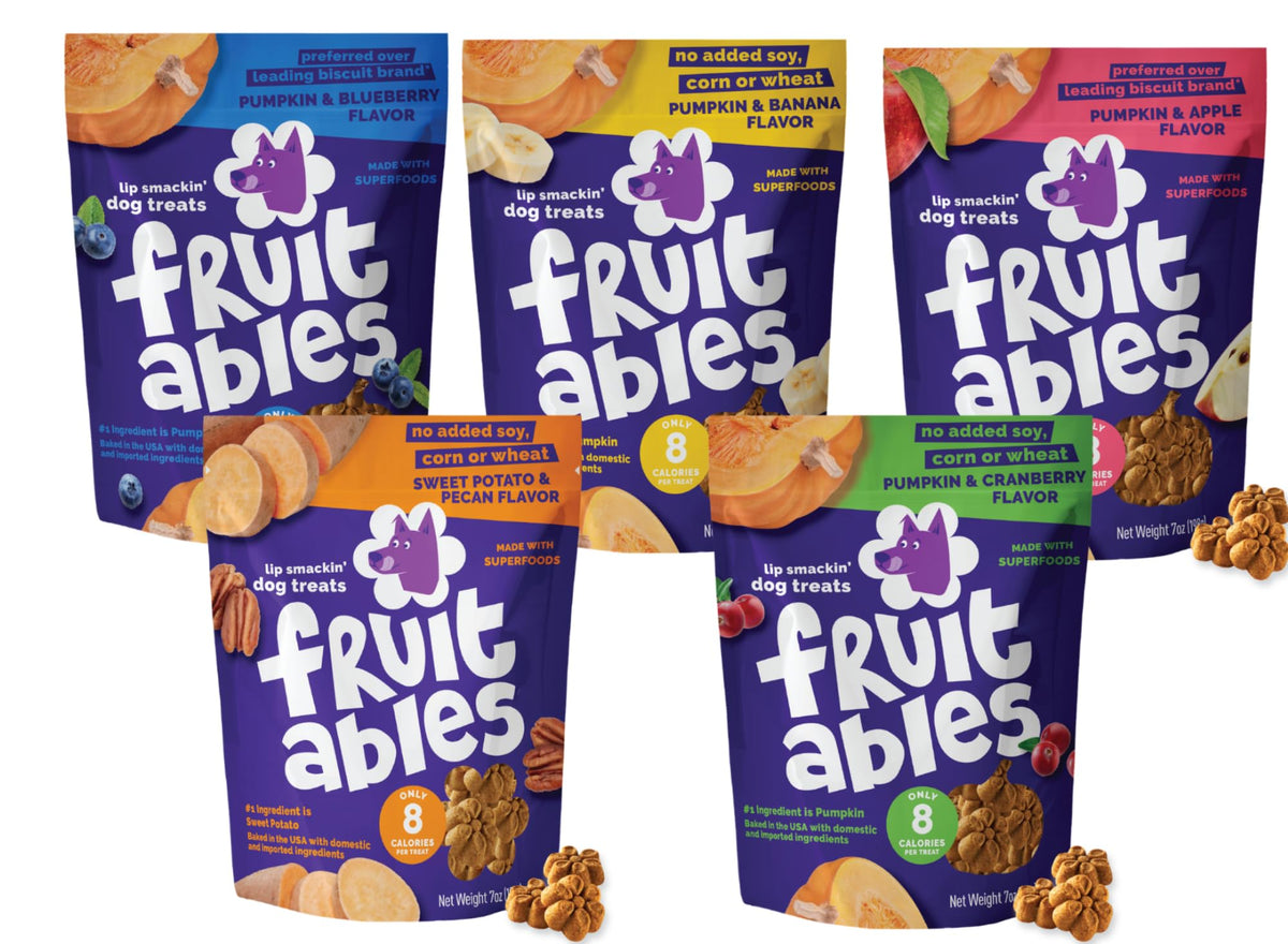 Fruitables Pumpkin Dog Treats variety pack 5 shows flavors for daily training rewards.