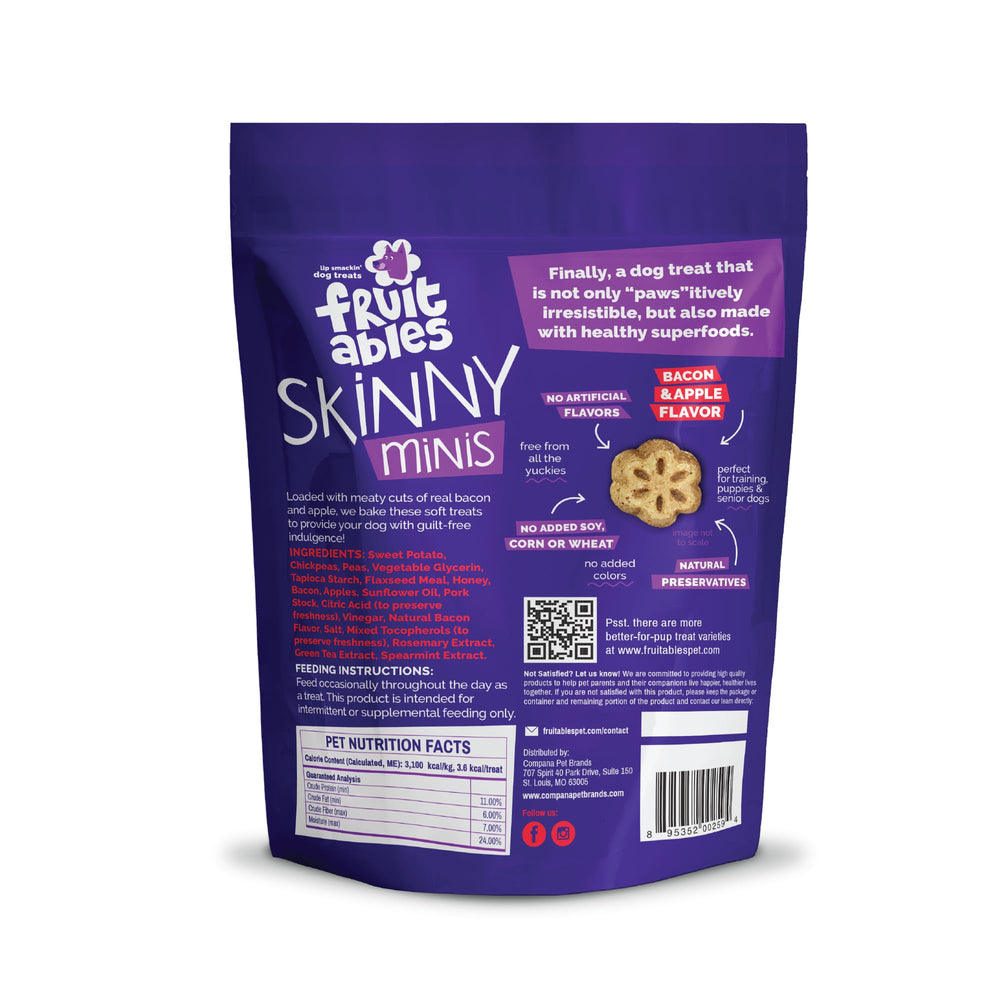 Fruitables Skinny Minis apple-bacon chewy treats for small dogs—training session rewards.