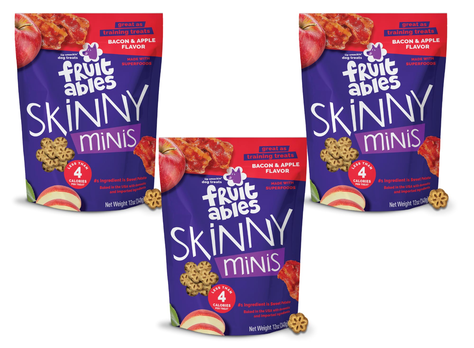 Fruitables Skinny Minis apple-bacon pack image—low-calorie training rewards for small dogs.
