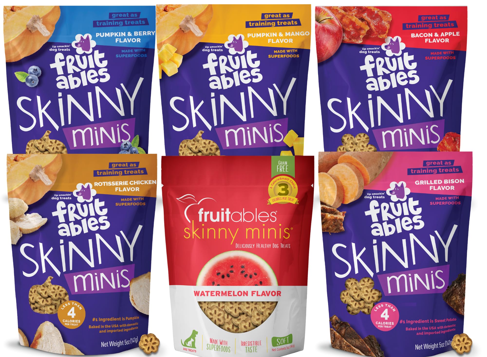 Fruitables Skinny Minis variety pack front view shows six grain-free treats for training rewards