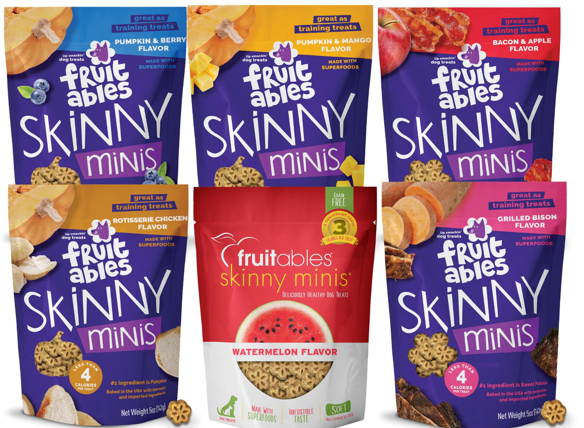 Fruitables Skinny Minis variety pack front view shows six grain-free treats for training rewards